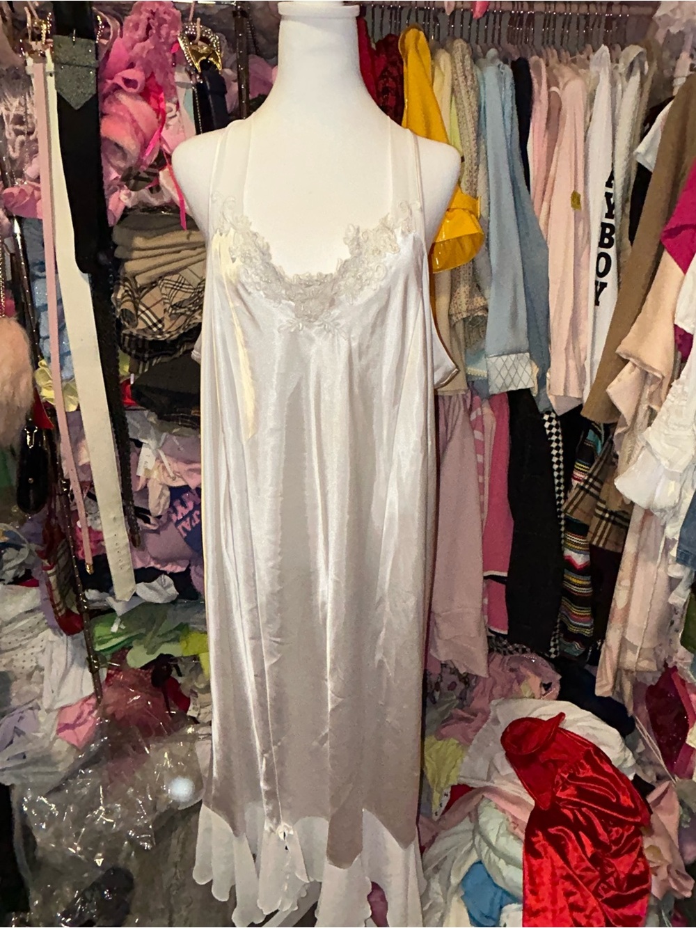 Lace-Trim Satin Bed Gown in Ivory